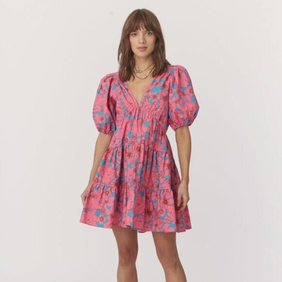 Xirena Pink Mini Dress Nissa‎ Floral Paisley Puff Sleeves Pockets Large - Picture 1 of 8